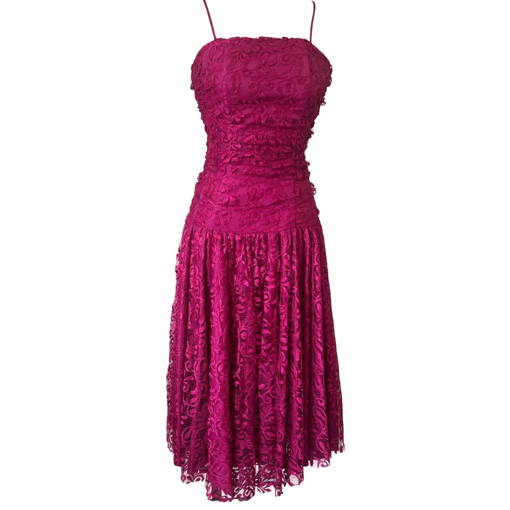 Vtg Clues Collections Magenta Pink Lace Ruched Drop Waist Party Dress xxs 24"